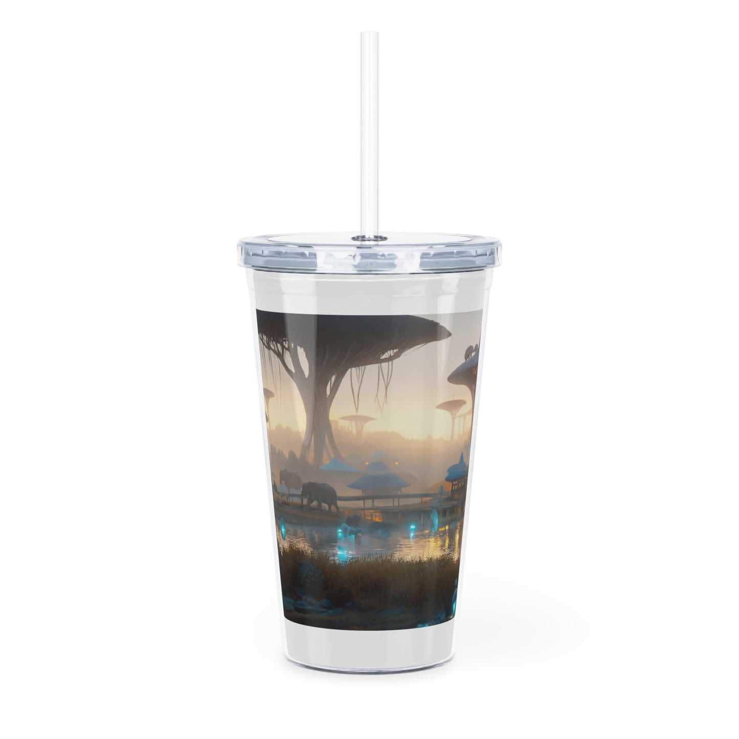 Celestial Savannah Tumbler with Straw – Twilight Oasis with Glowing Elephants