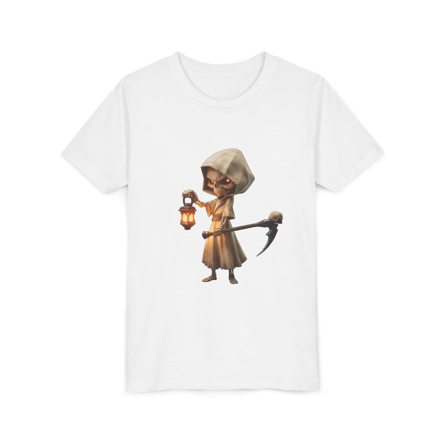 Lantern-Bearing Skeleton Youth Short Sleeve Tee – Hooded Reaper with Scythe