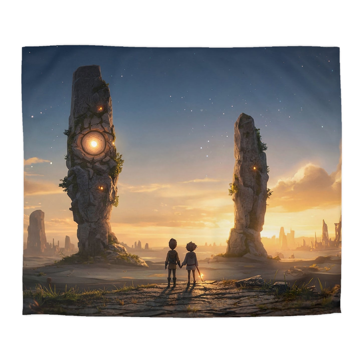 Twin Travelers Microfiber Duvet Cover – Sunset Gatekeepers of the Starlit Ruins