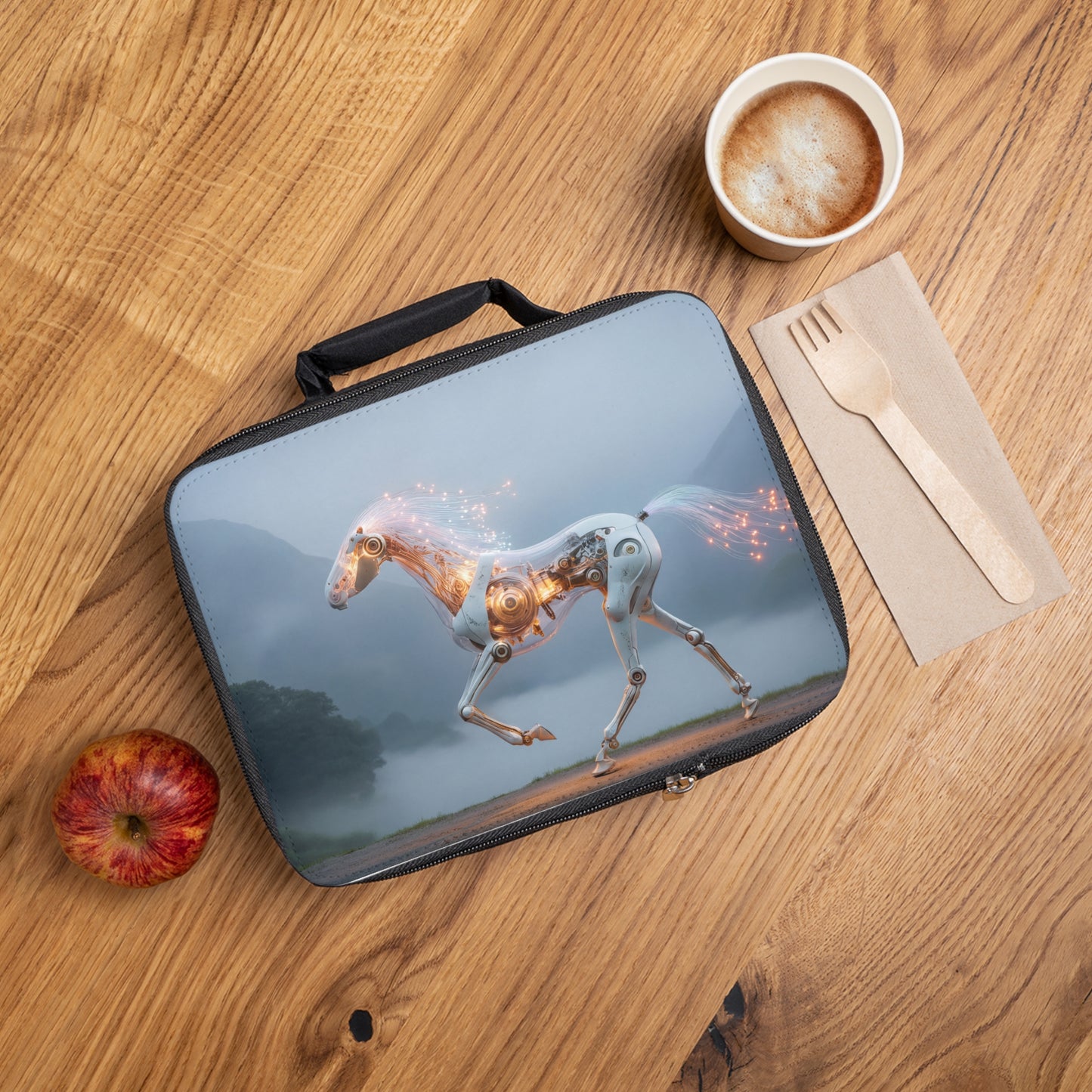 Cyber Horse Lunch Bag – Glowing Circuitry in Misty Mountains