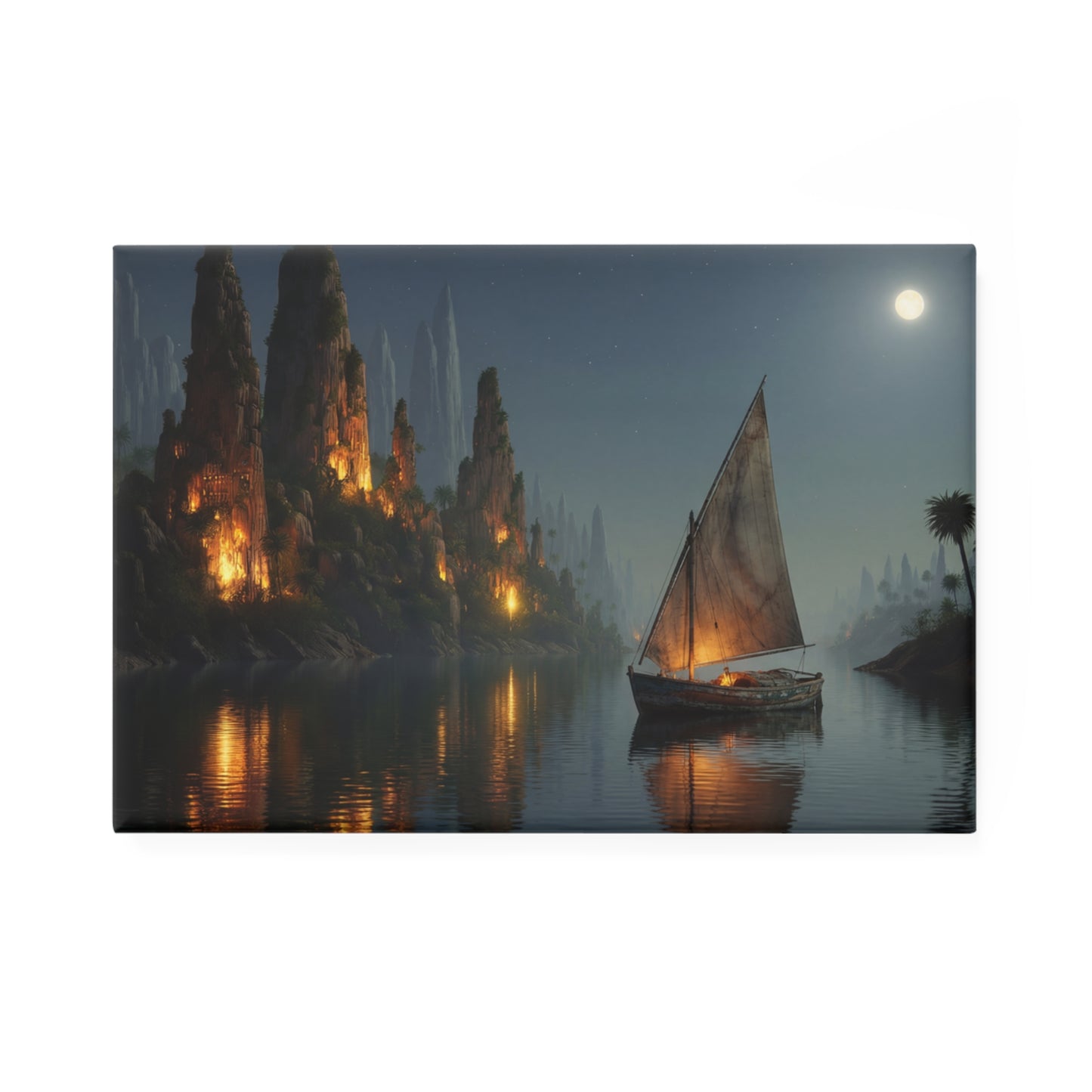 Moonlit River Voyage Button Magnet, Rectangle (1 & 10 pcs) – Warm Light on Ancient Waters