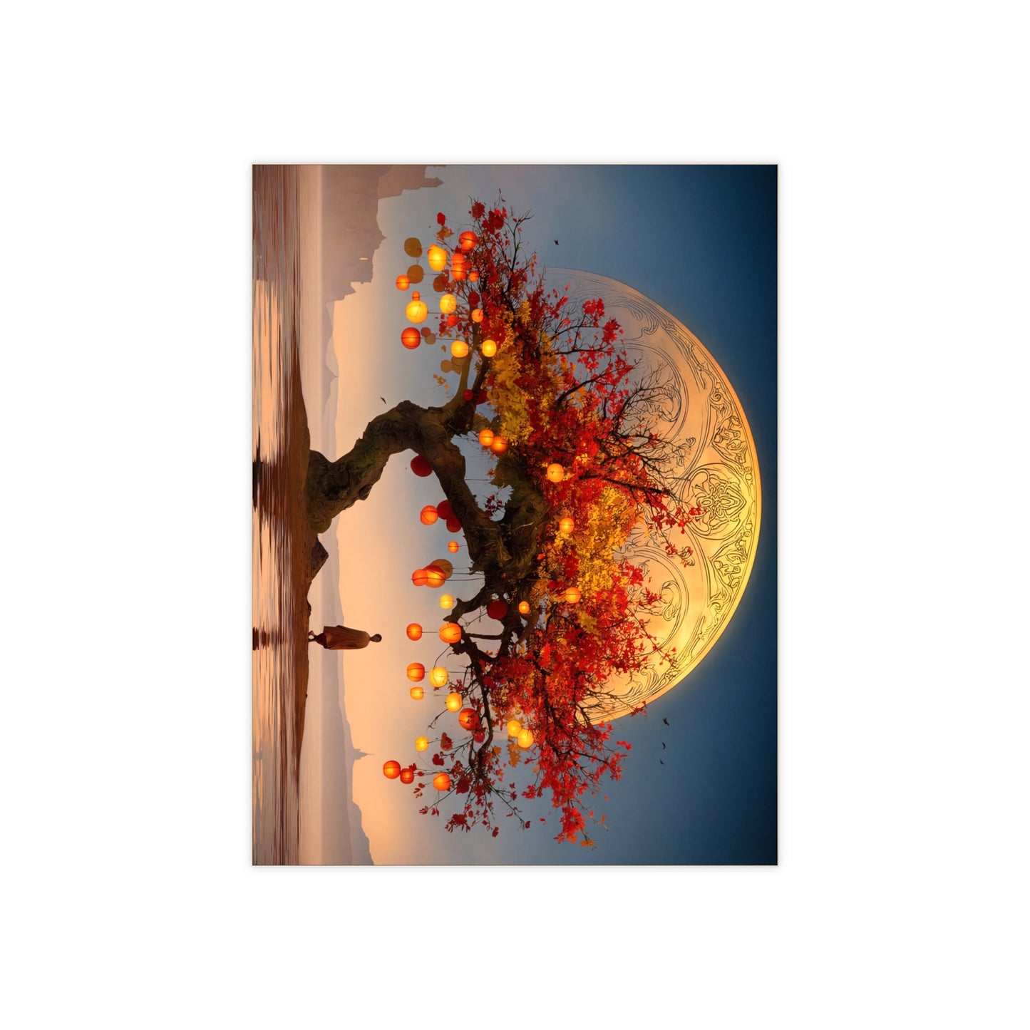 Lantern Tree Under Celestial Moon Ceramic Photo Tile – Autumn’s Quiet Reverie