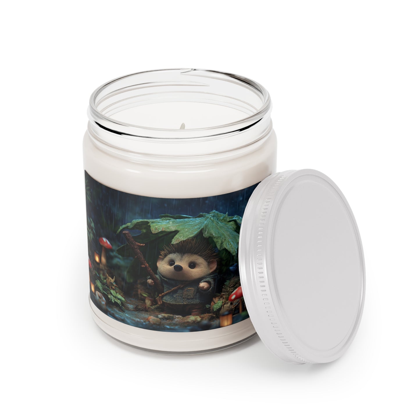 Rain-Slicked Forest Hedgehog Scented Soy Candles with White Lid, 9oz – Tiny Explorer’s Twilight Refuge