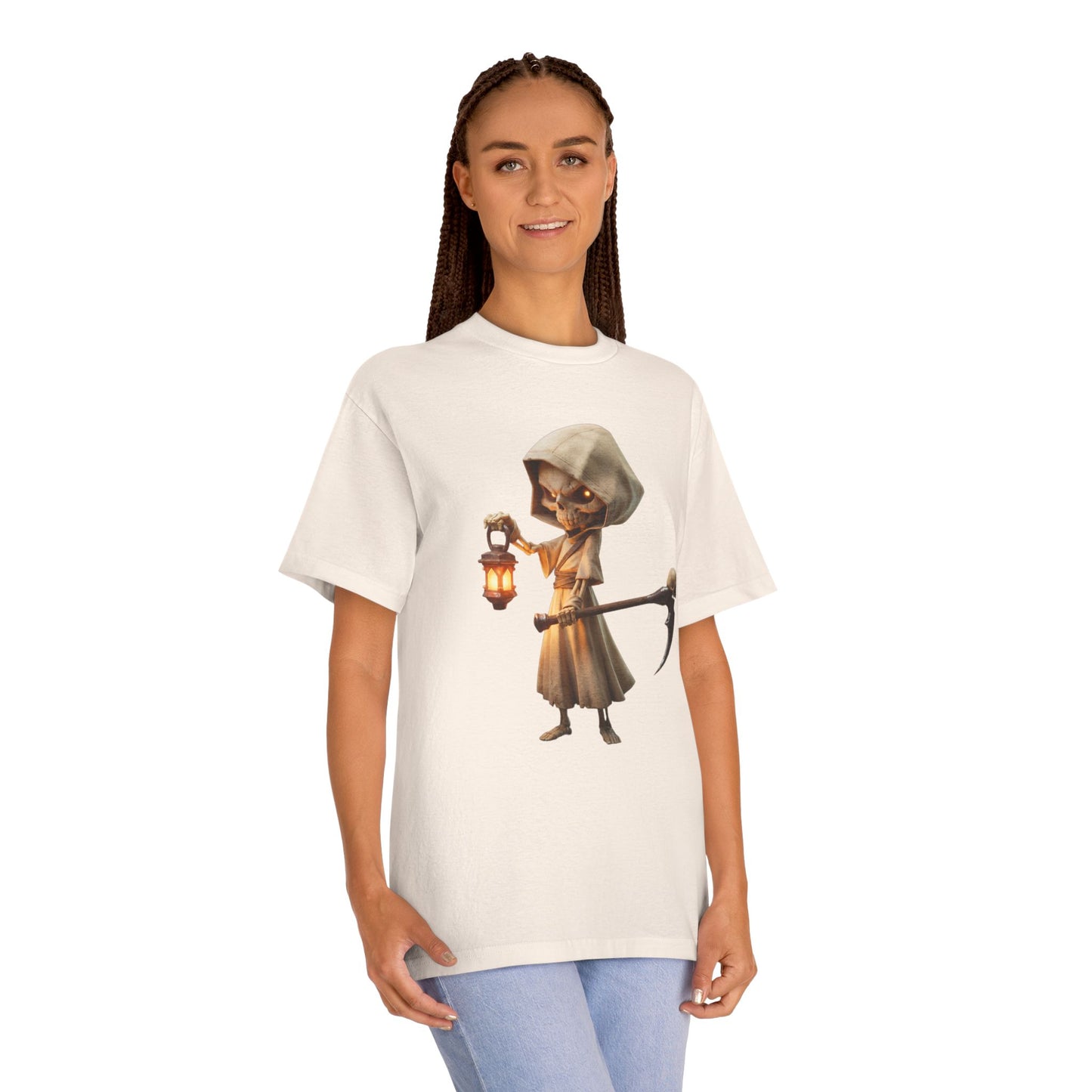 Lantern-Bearing Reaper Unisex Classic Tee – Hooded Guardian with Scythe