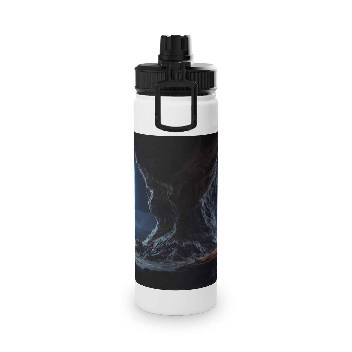 Moonlit Monk Stainless Steel Water Bottle, Sports Lid – Serene Cave Meditation Scene