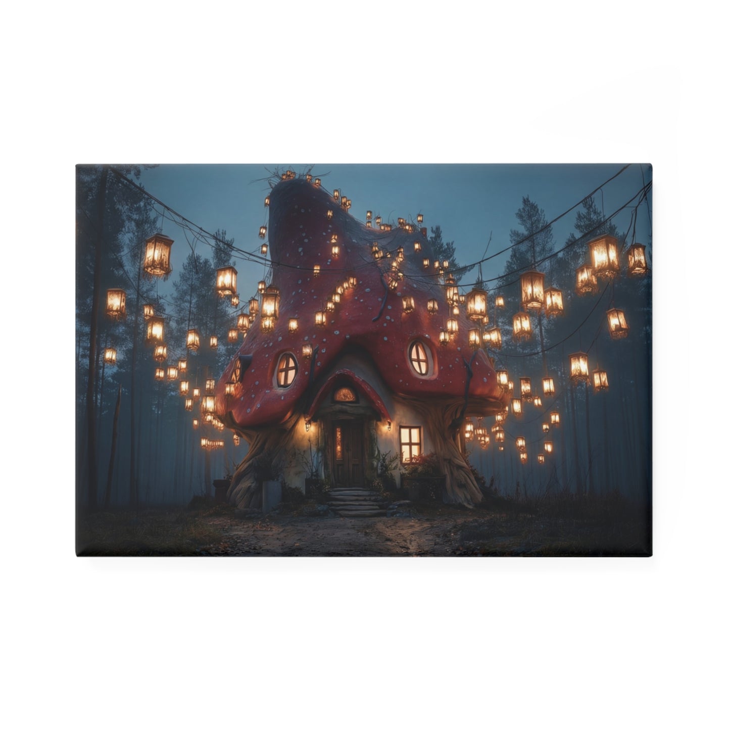 Enchanted Mushroom Cottage Magnet – Warm Glow in the Twilight Woods