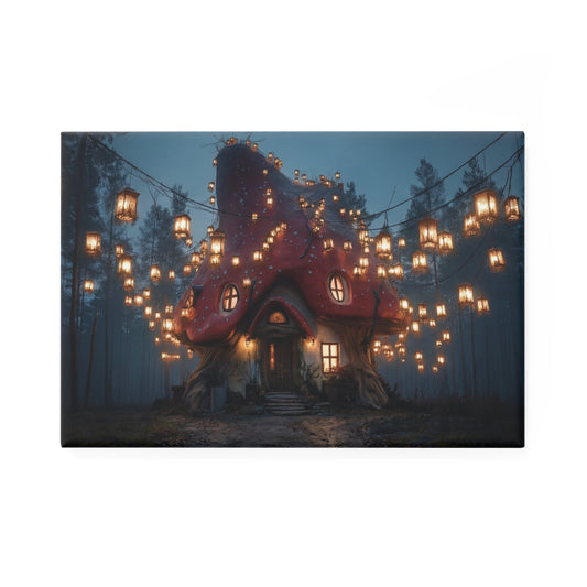Enchanted Mushroom Cottage Magnet – Warm Glow in the Twilight Woods