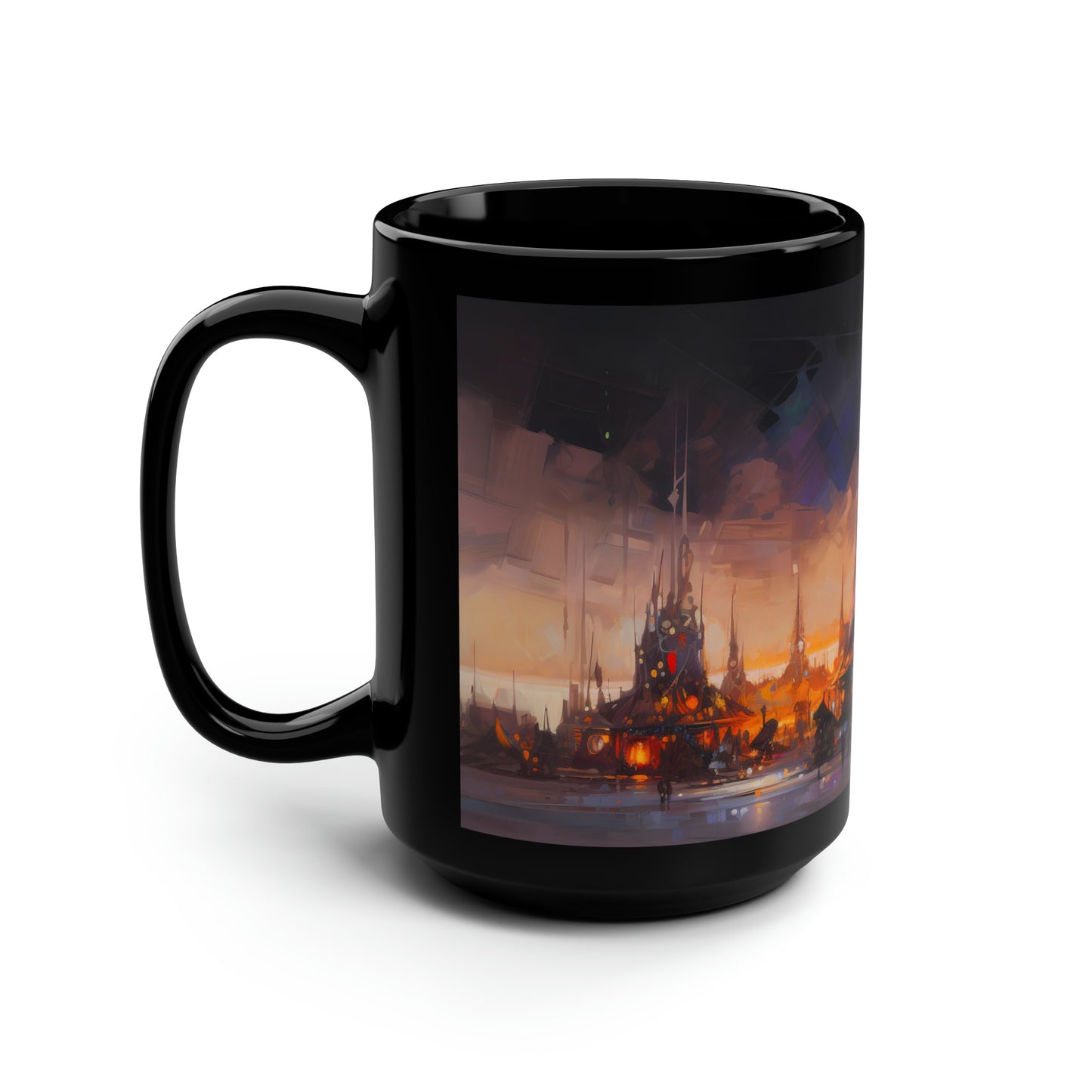 Oil painting of a captivating nocturnal landscape at Burning Man, featuring grand and imaginative art installations - Mug, Black