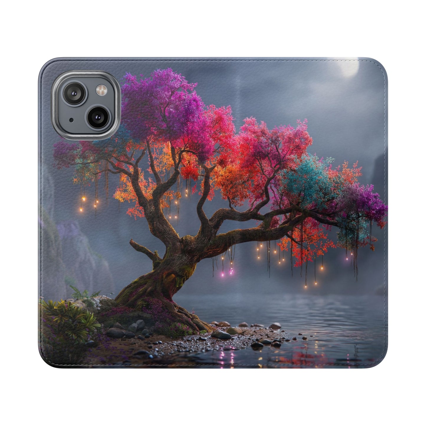 Chromatic Canopy Flip Cases – Rainbow Tree Moonlit Waterfall Scene