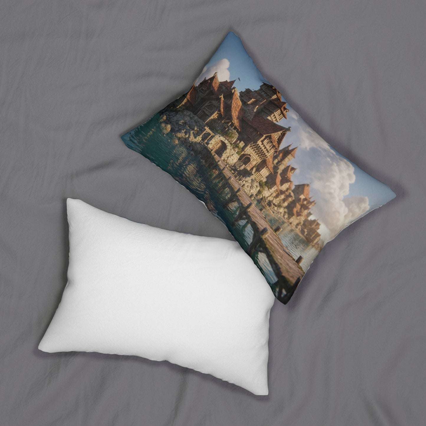 Coastal Viking Village Lumbar Pillow – Sunlit Harbor Whispers