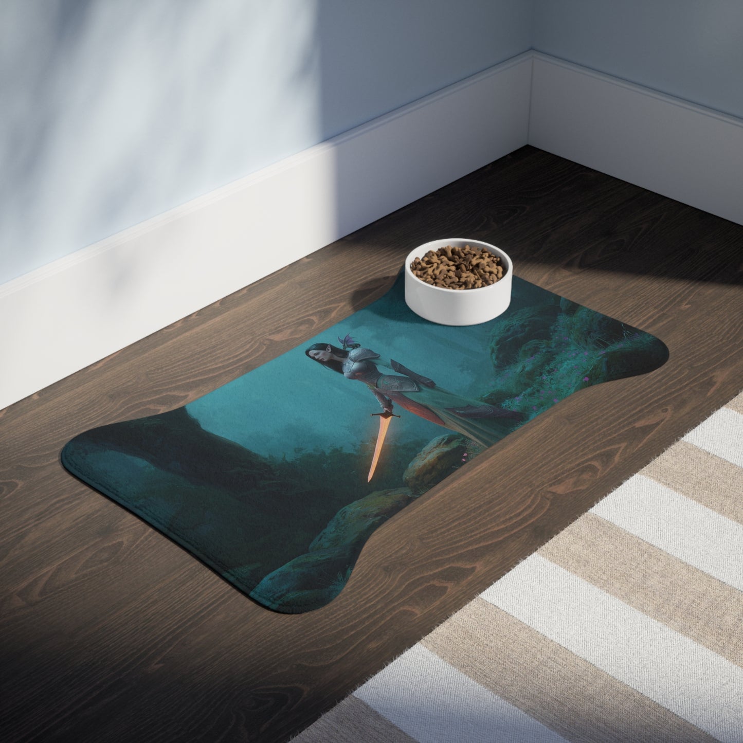 Guardian Elf Pet Feeding Mats – Mossy Forest Sentinel with Glowing Blade
