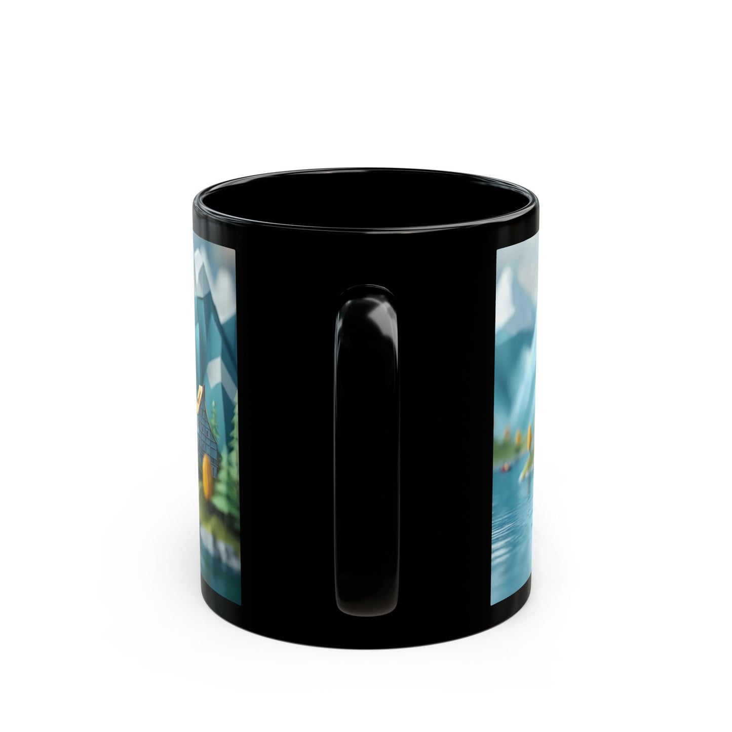 Alpine Harbor Black Mug – Snow-Capped Peaks & Harbor Life