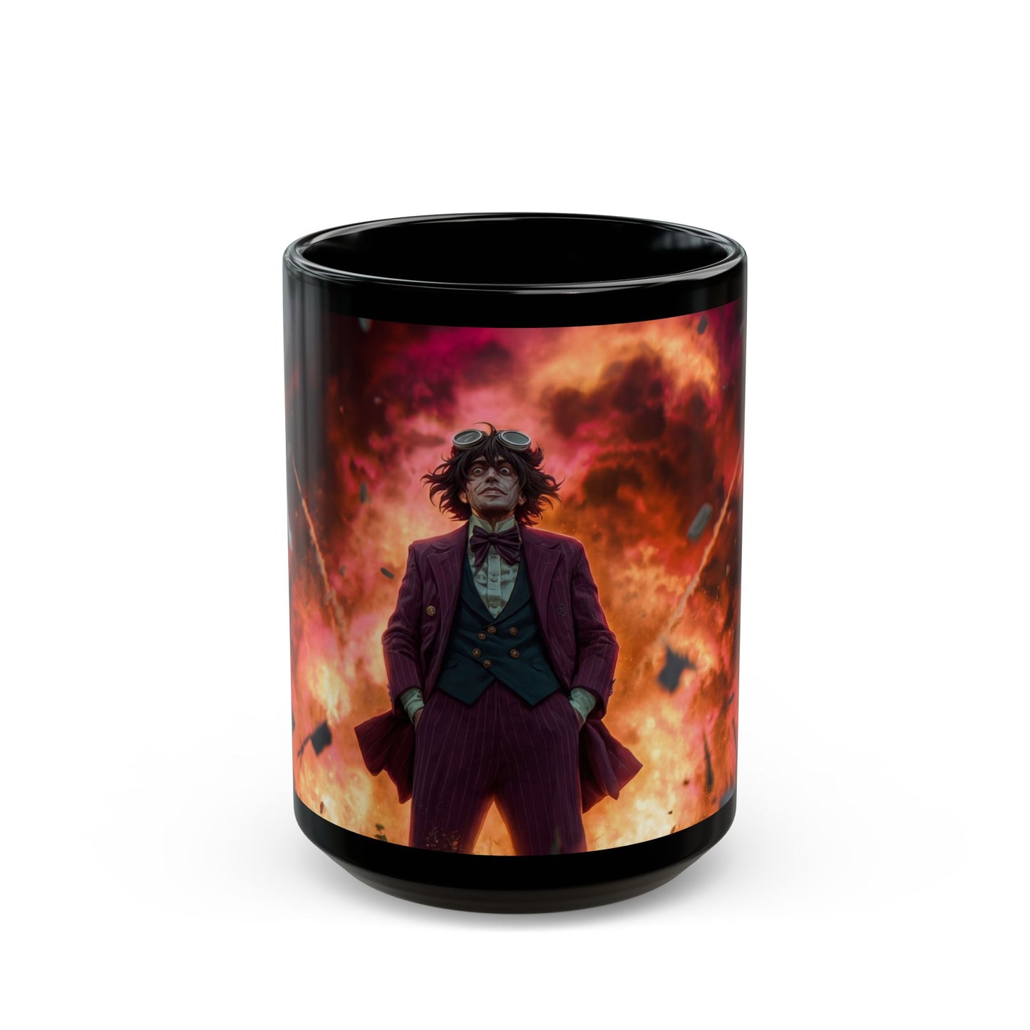 Mad Inventor Amidst Crimson Explosion Mug – Fiery Chaos Couture