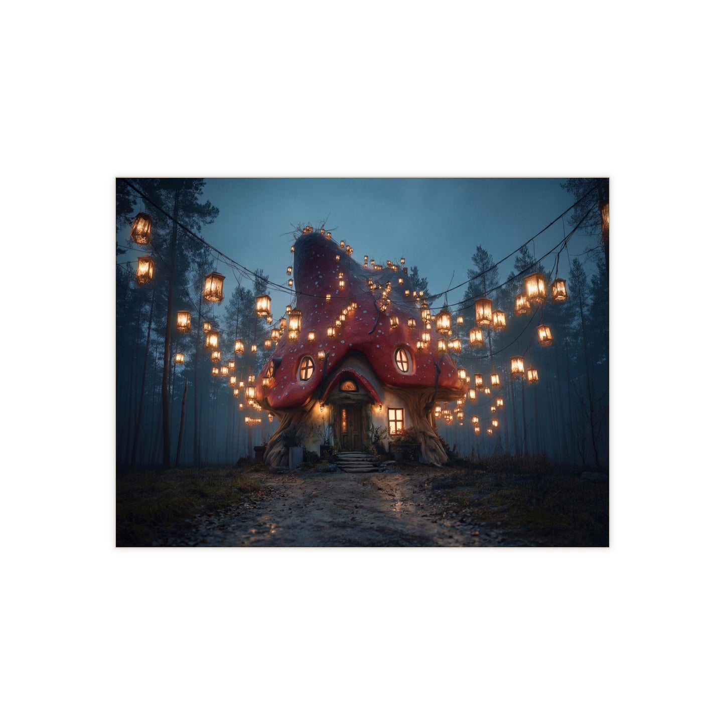 Mushroom Cottage Under Lanterns Ceramic Photo Tile – A Whisper of Twilight Magic