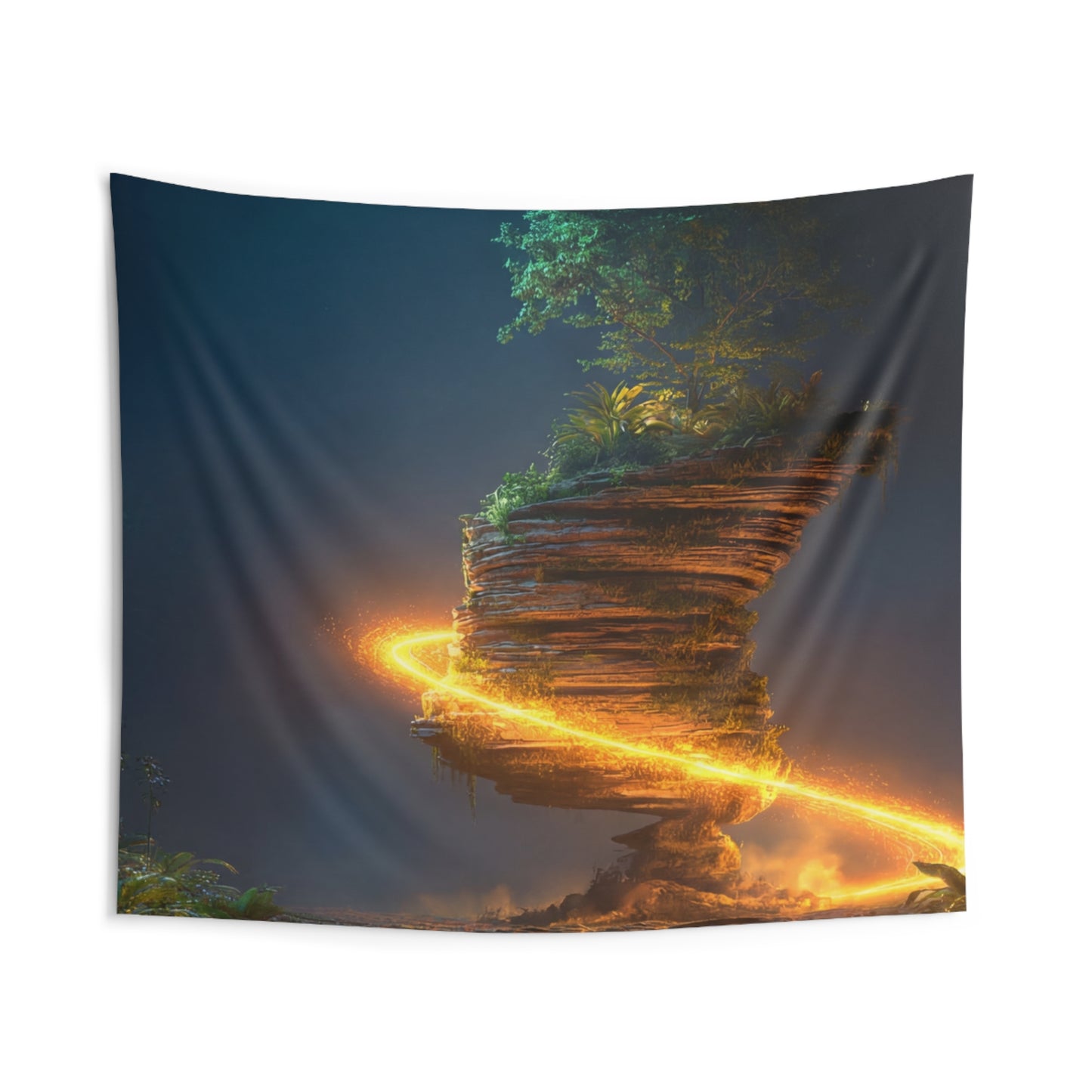 Floating Island Treehouse Tapestry – Celestial Glow Through Twilight Jungle