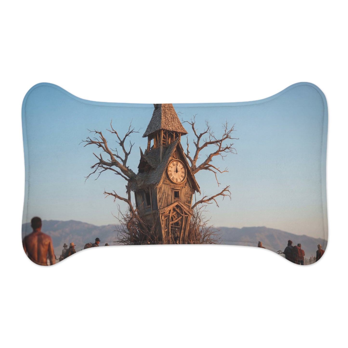 Driftwood Clock Tower Pet Feeding Mats – Post-Apocalyptic Travellers Scene