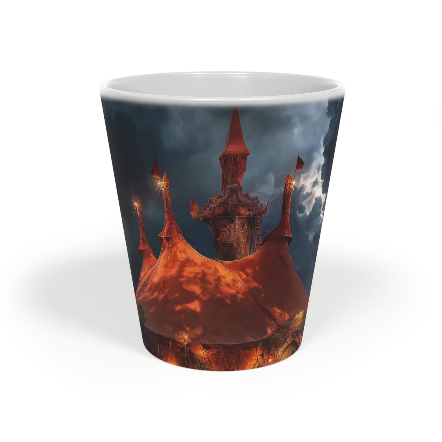 Crimson Circus Tent Latte Mug, 12oz – Neon Nightscape Under Stormy Skies