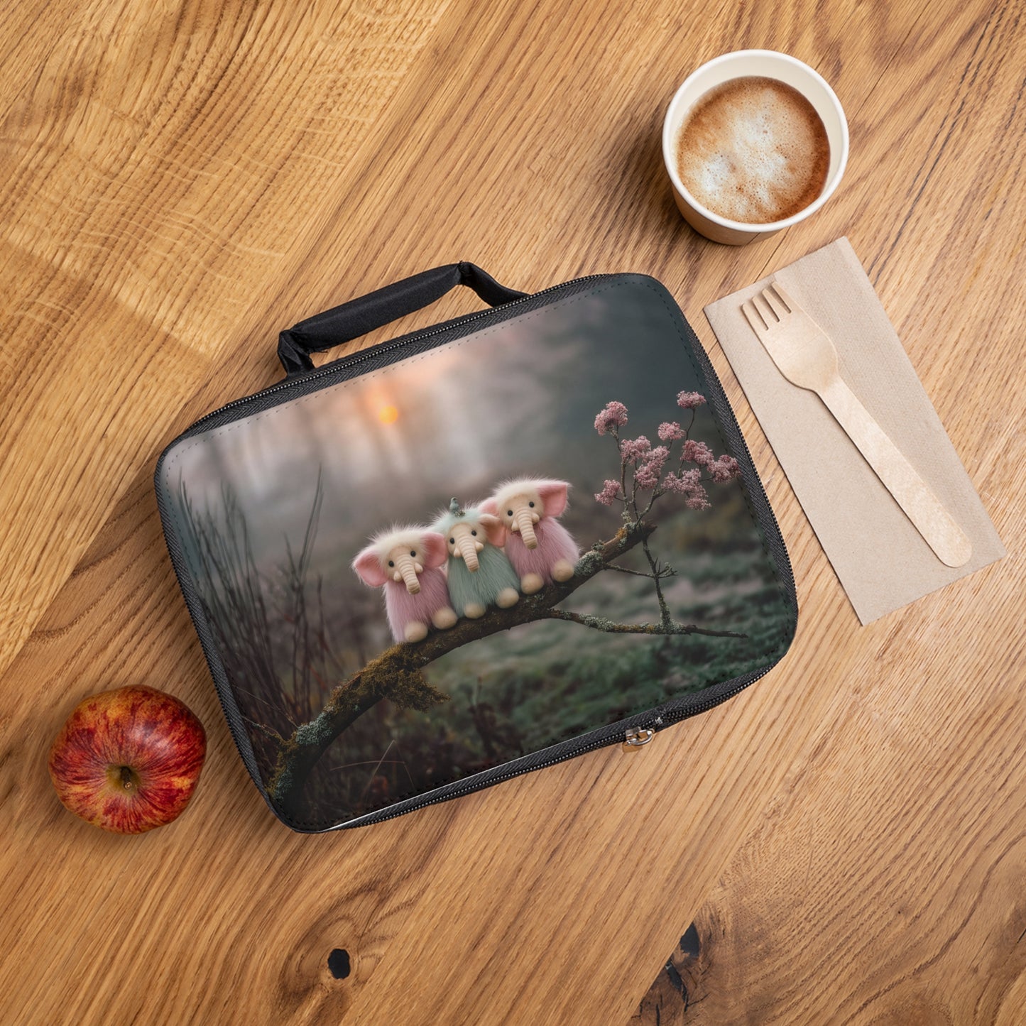 Three Furry Forest Elephants Lunch Bag – Soft Twilight Friends on a Mossy Branch