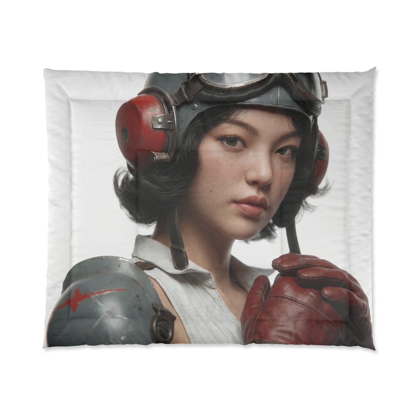 Vintage Pilot Portrait Comforter – Crimson Goggles & Steel Helm