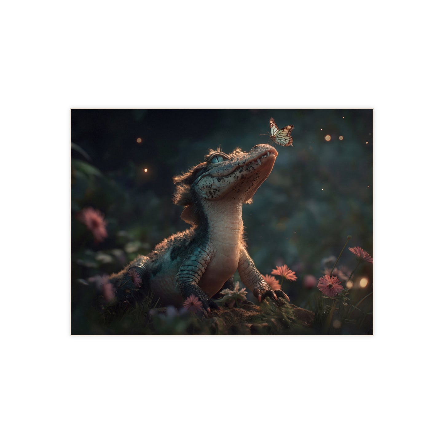 Gentle Crocodile and Butterfly Ceramic Photo Tile – Twilight Garden Whispers