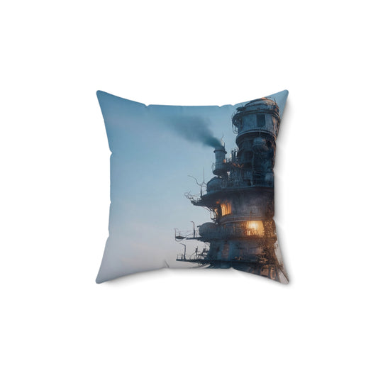 Skyward Spire Spun Polyester Square Pillow – Steam-Powered Sentinel in Dawn Light