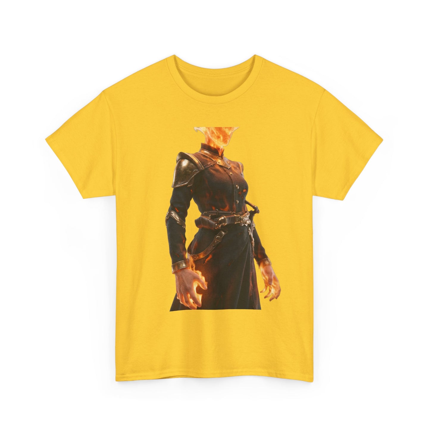 Flame-Headed Sentinel Unisex Heavy Cotton Tee – Gilded Armor & Burning Embers