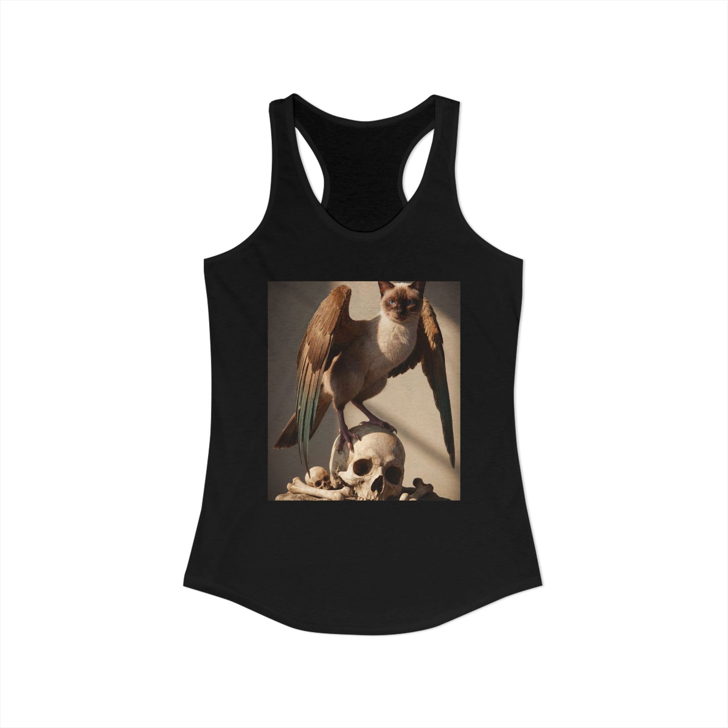 Winged Siamese Cat Guardian Racerback Tank – Feathered Sentinel with Skull
