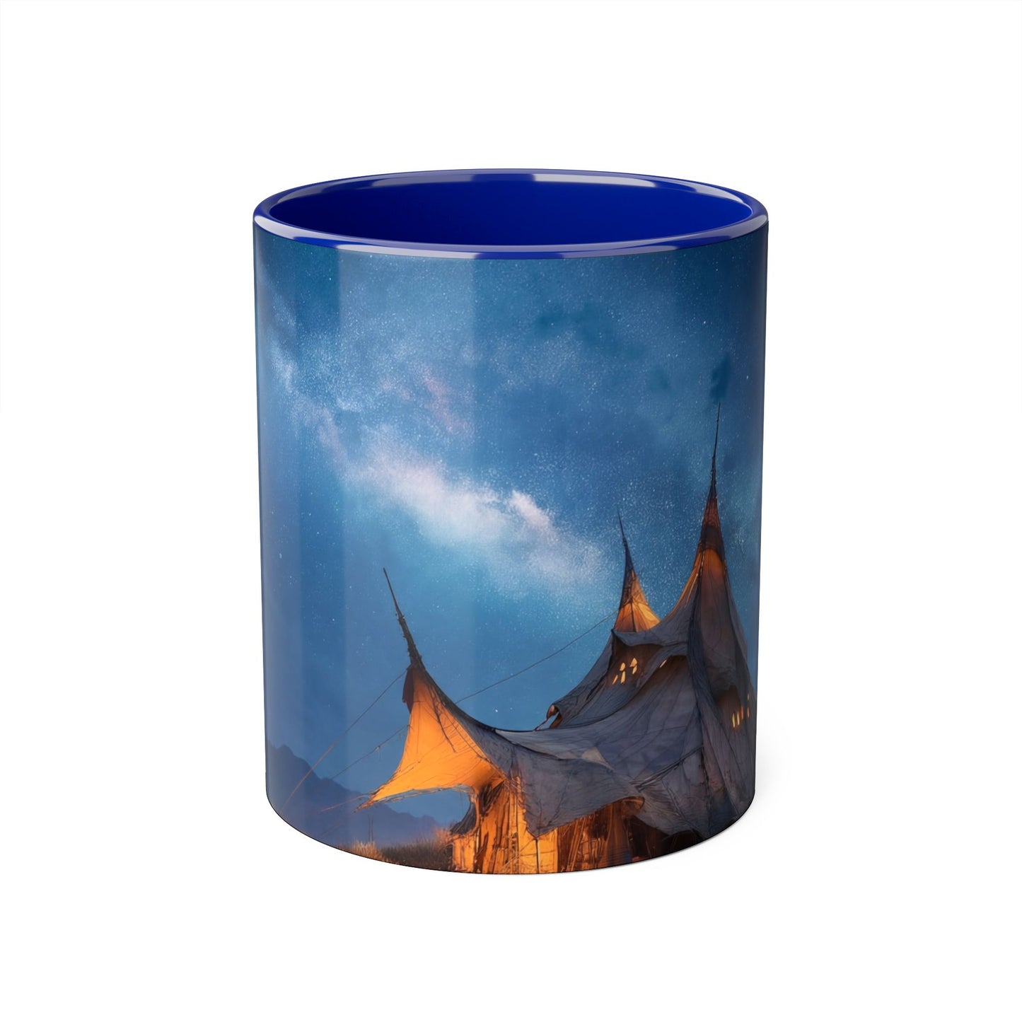 Starlit Nomad Tent Accent Mugs, 11oz – Golden Spire Camp Under Milky Way