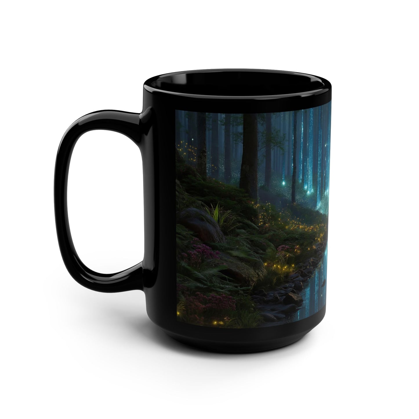 Bioluminescent Forest Stream Mug – Glowing Tree Reflections Black Ceramic