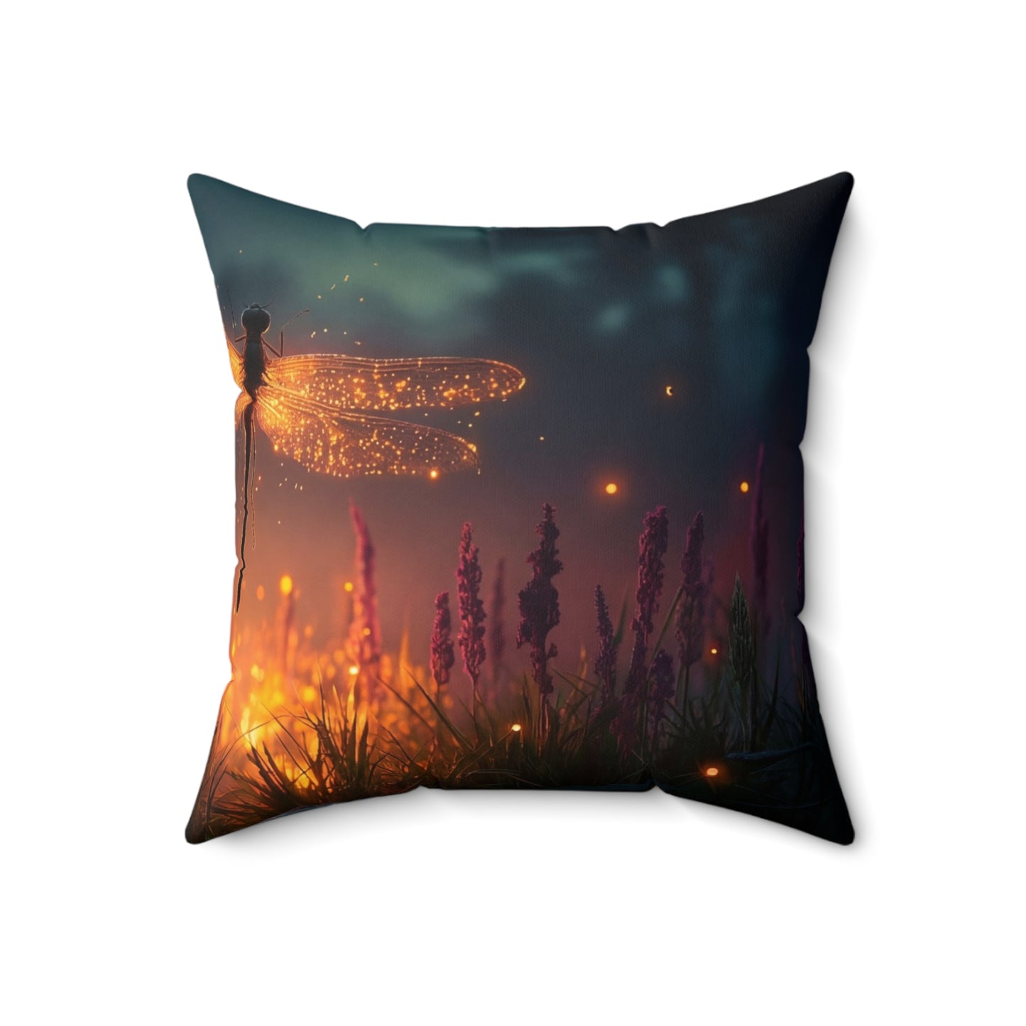 Glowing Dragonfly Spun Polyester Square Pillow – Twilight Meadow Luminescence