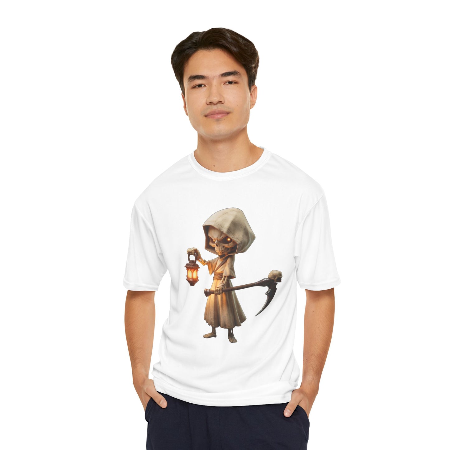 Lantern-Bearing Sentinel Men's Performance T-Shirt – Hooded Grim Reap Guardian