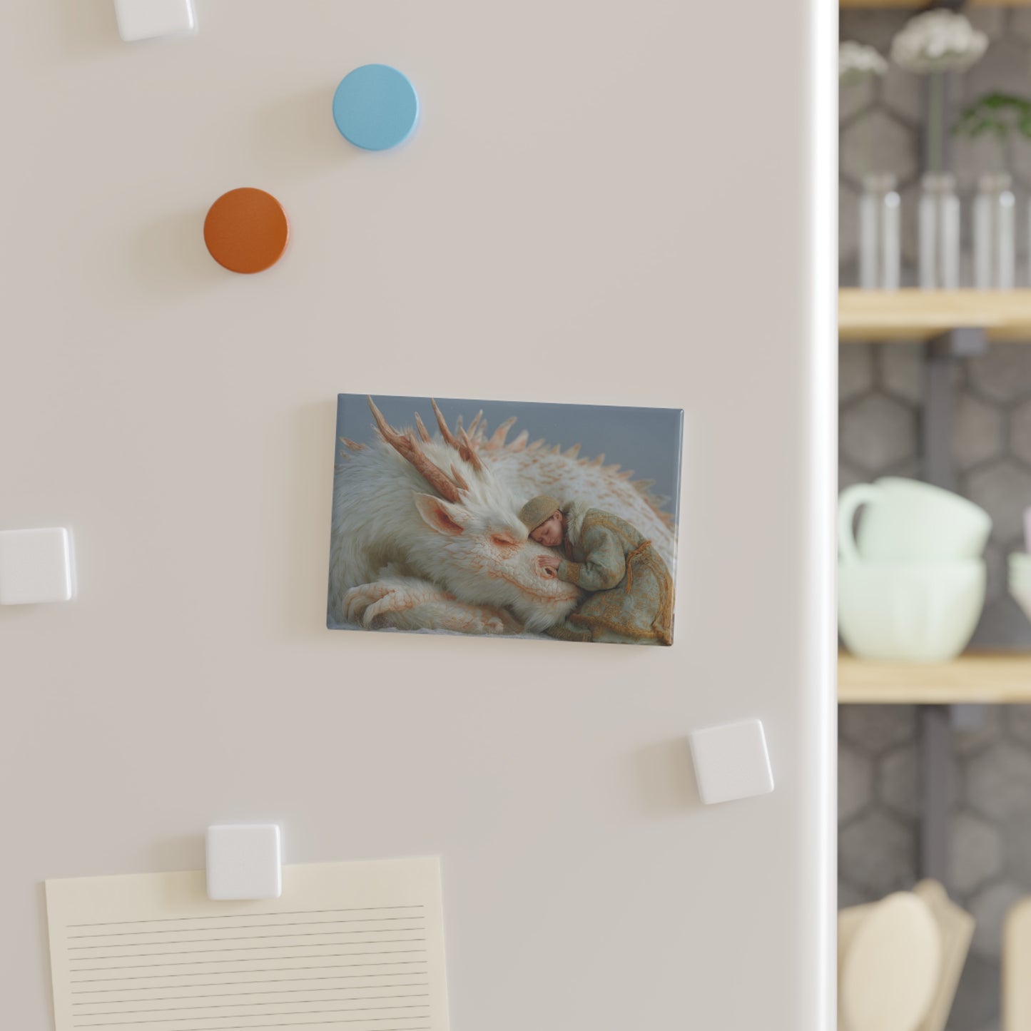 Guardian Dragon and Child Button Magnet – Snowy Embrace Scene (1 & 10 pcs)