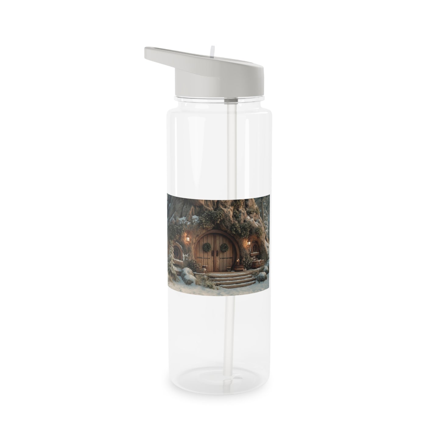 Frost-Touched Hobbit Door Tritan Water Bottle – Snowy Woodland Hearth Scene