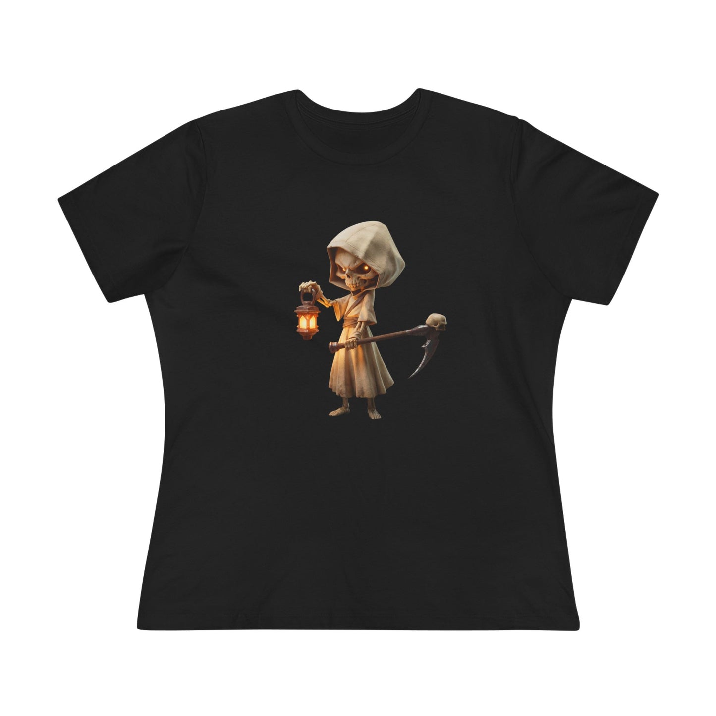 Lantern-Bearing Sentinel Women's Cotton Tee – Hooded Guardian with Scythe