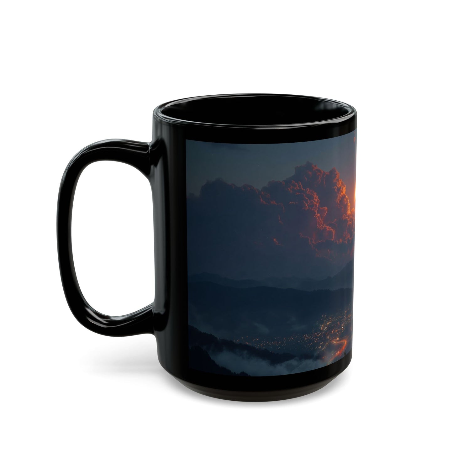 Celestial Fireball Black Mug – Twilight Skyfall Over Mountain Vale