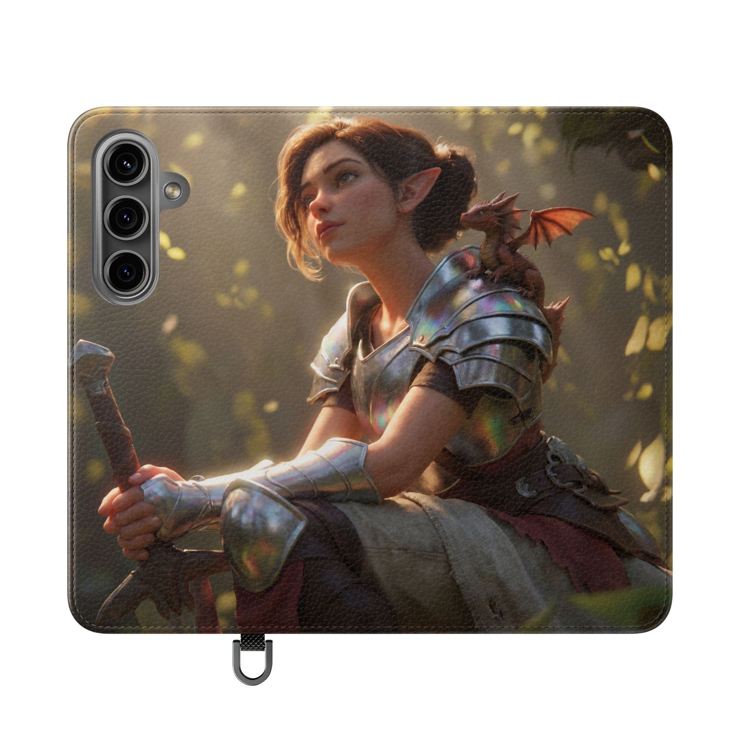 Elven Knight with Dragon Flip Cases – Iridescent Armor & Tiny Guardian Portrait