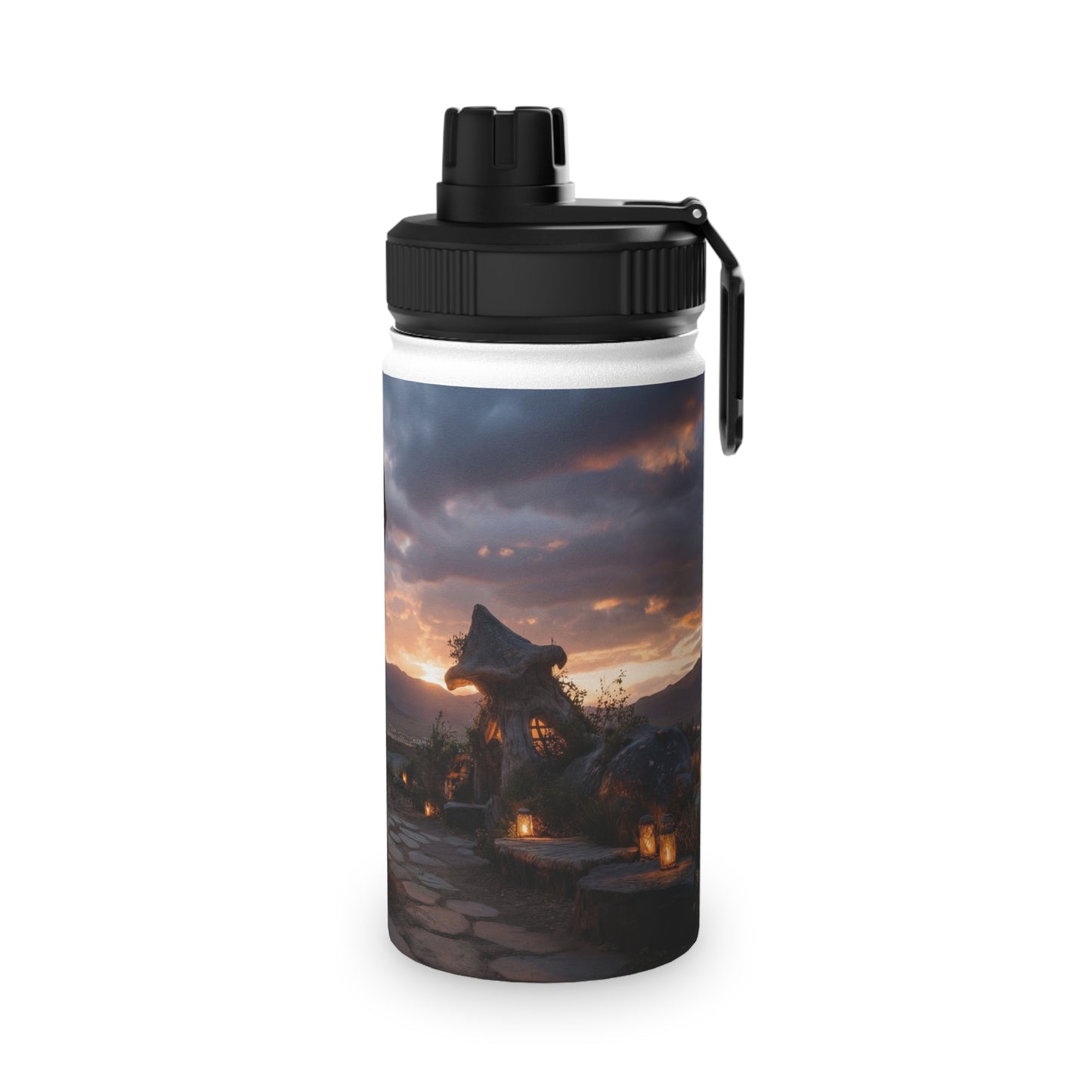 Mushroom Grove Retreat Stainless Steel Water Bottle, Sports Lid – Twilight Fairy Home Dreamscape