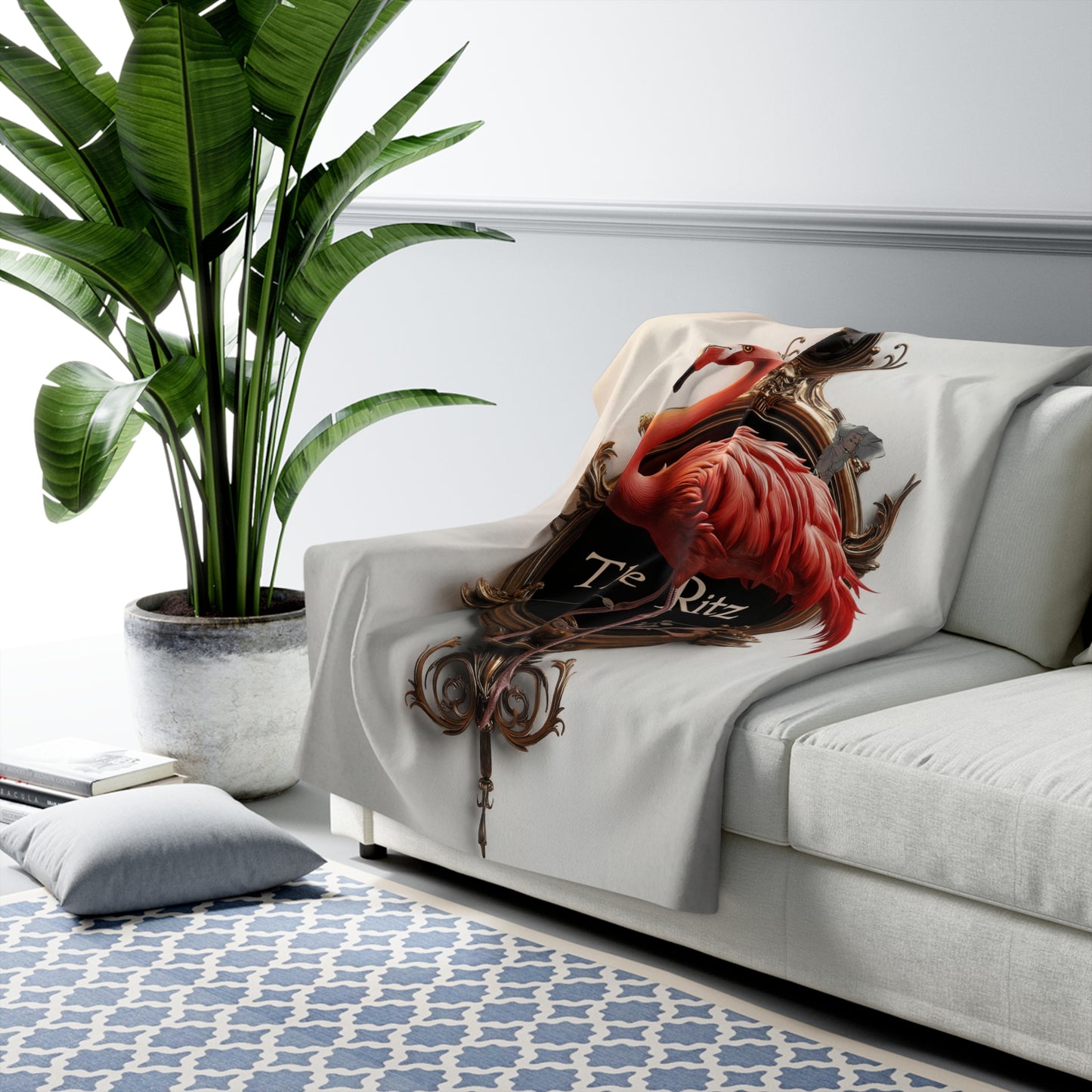 Flamingo in Gilded Frame Sherpa Fleece Blanket – Velvet Nights at The Ritz