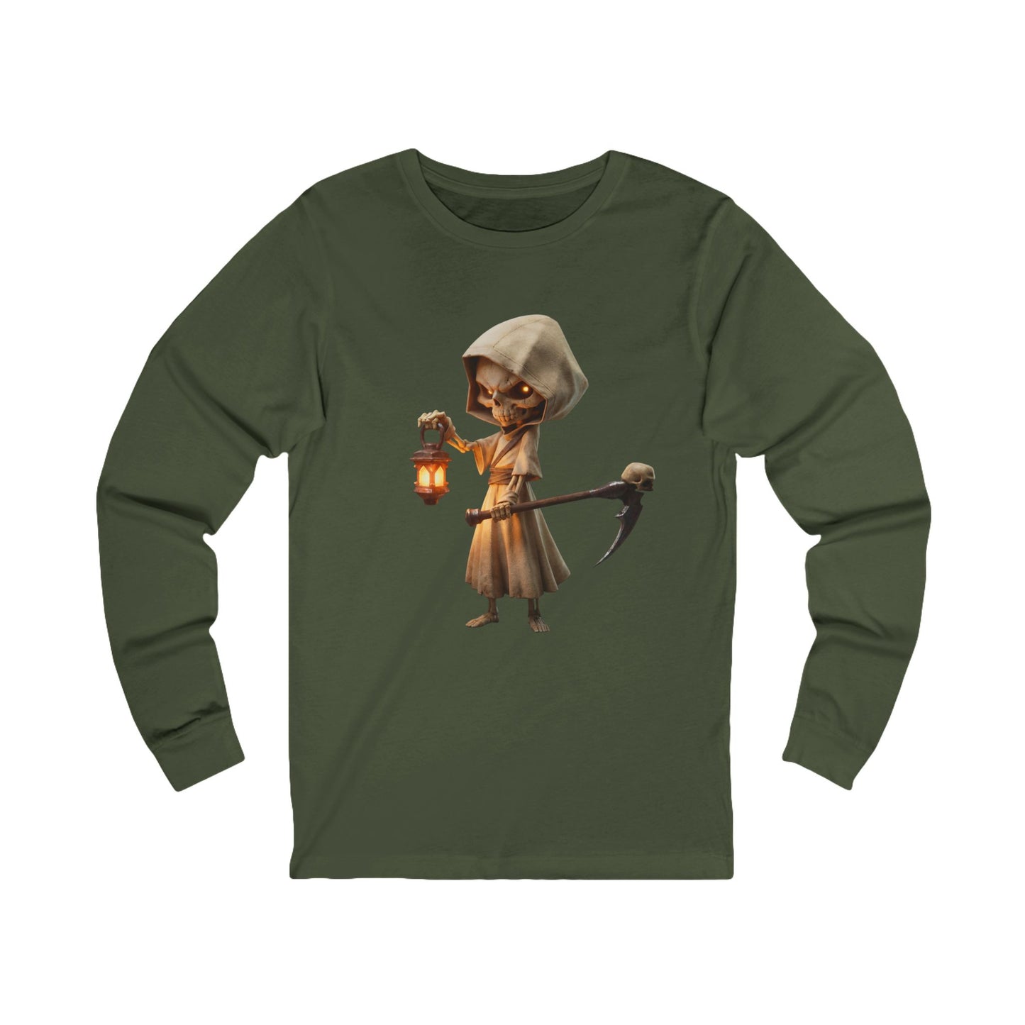 Lantern-Bearing Skeleton Guardian – Hooded Reaper Unisex Jersey Long Sleeve Tee