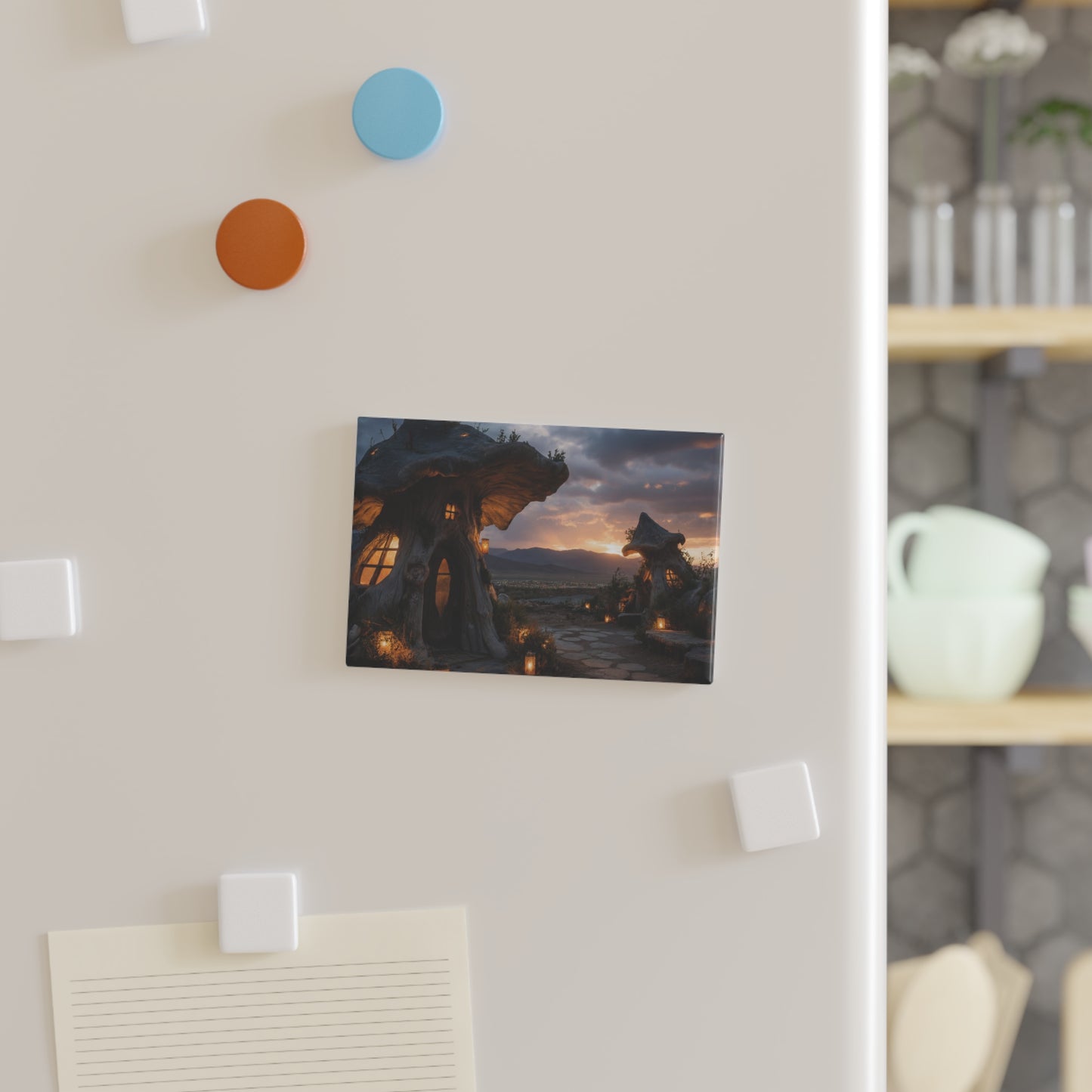 Enchanted Mushroom Cottage Magnet – Twilight Vista with Glowing Lanterns
