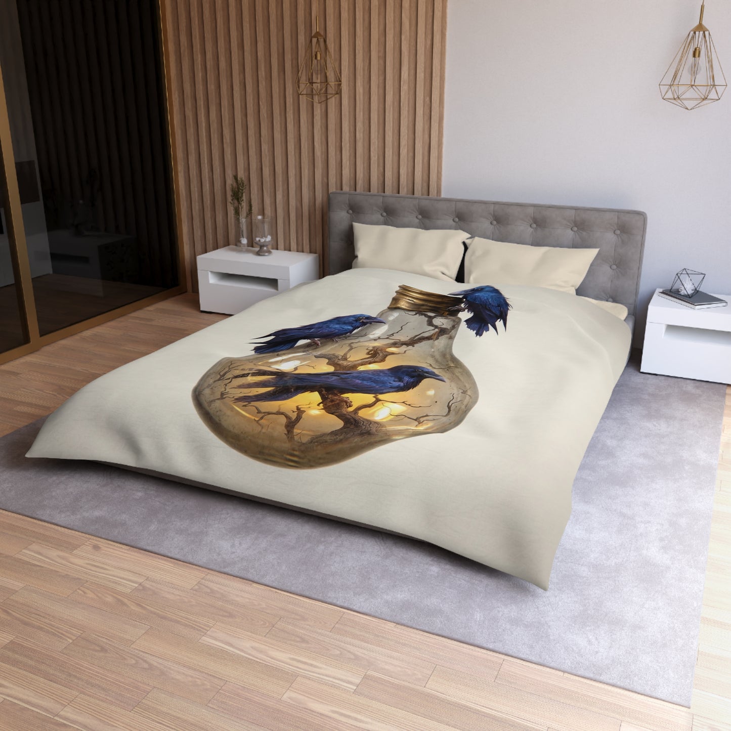 Ravens in the Lightbulb Microfiber Duvet Cover – Whispers of Illuminated Wisdom