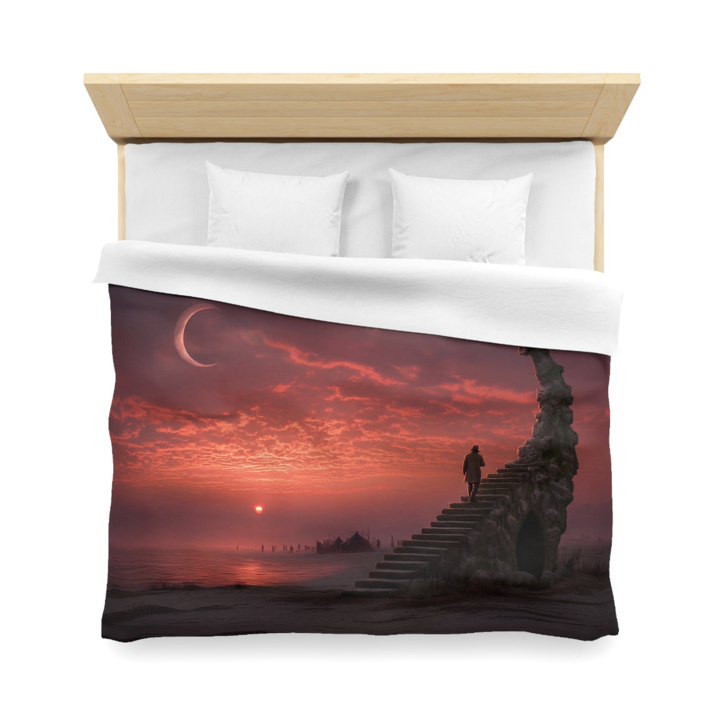 Crimson Horizon Staircase Duvet Cover – Lone Walker at Twilight