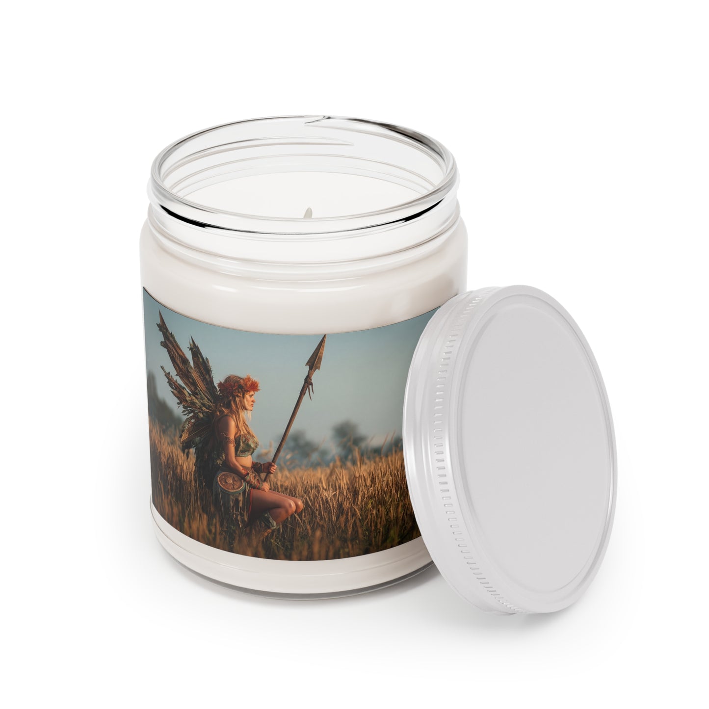 Warrior Fairy in Wheat Field Scented Soy Candles with White Lid, 9oz – Golden Hour Guardian