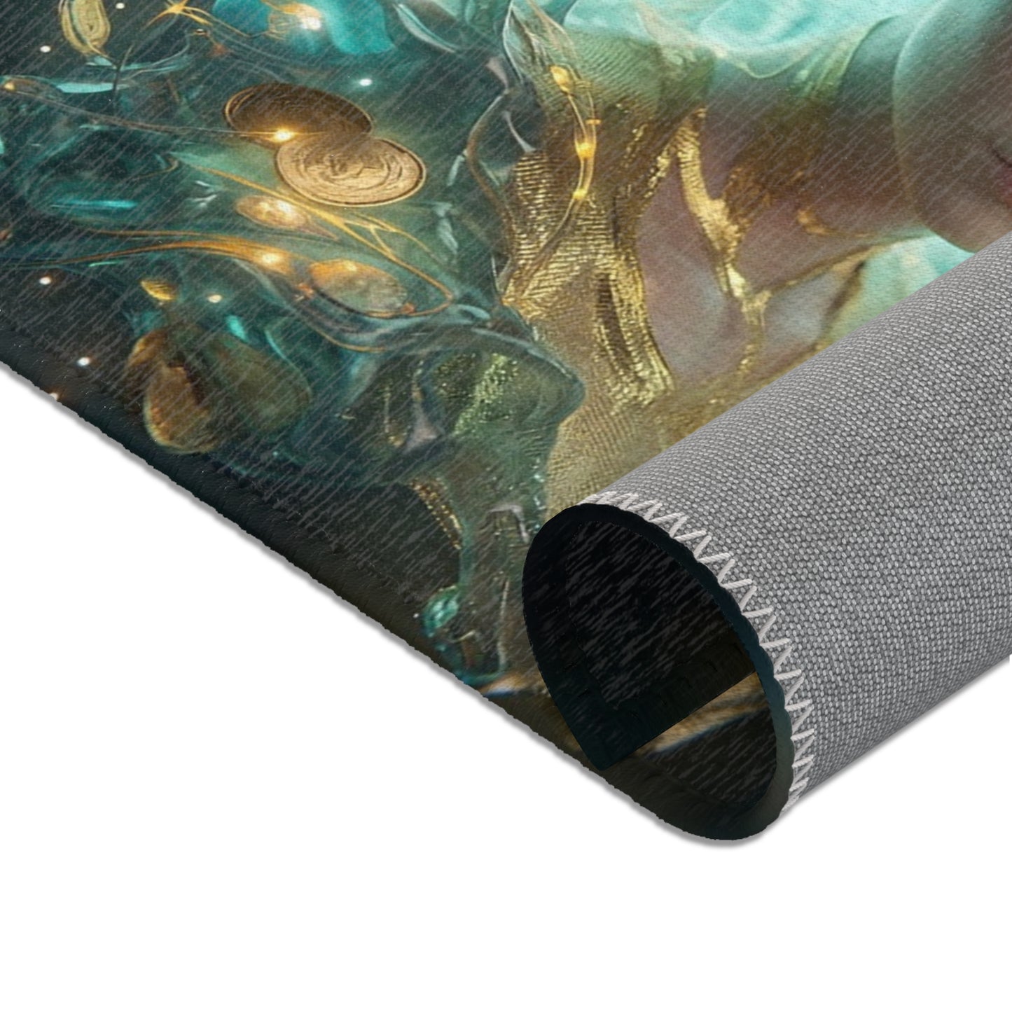 Liquid Starlight Sentinel Rug – Aura of Glowing Coins and Azure Veils