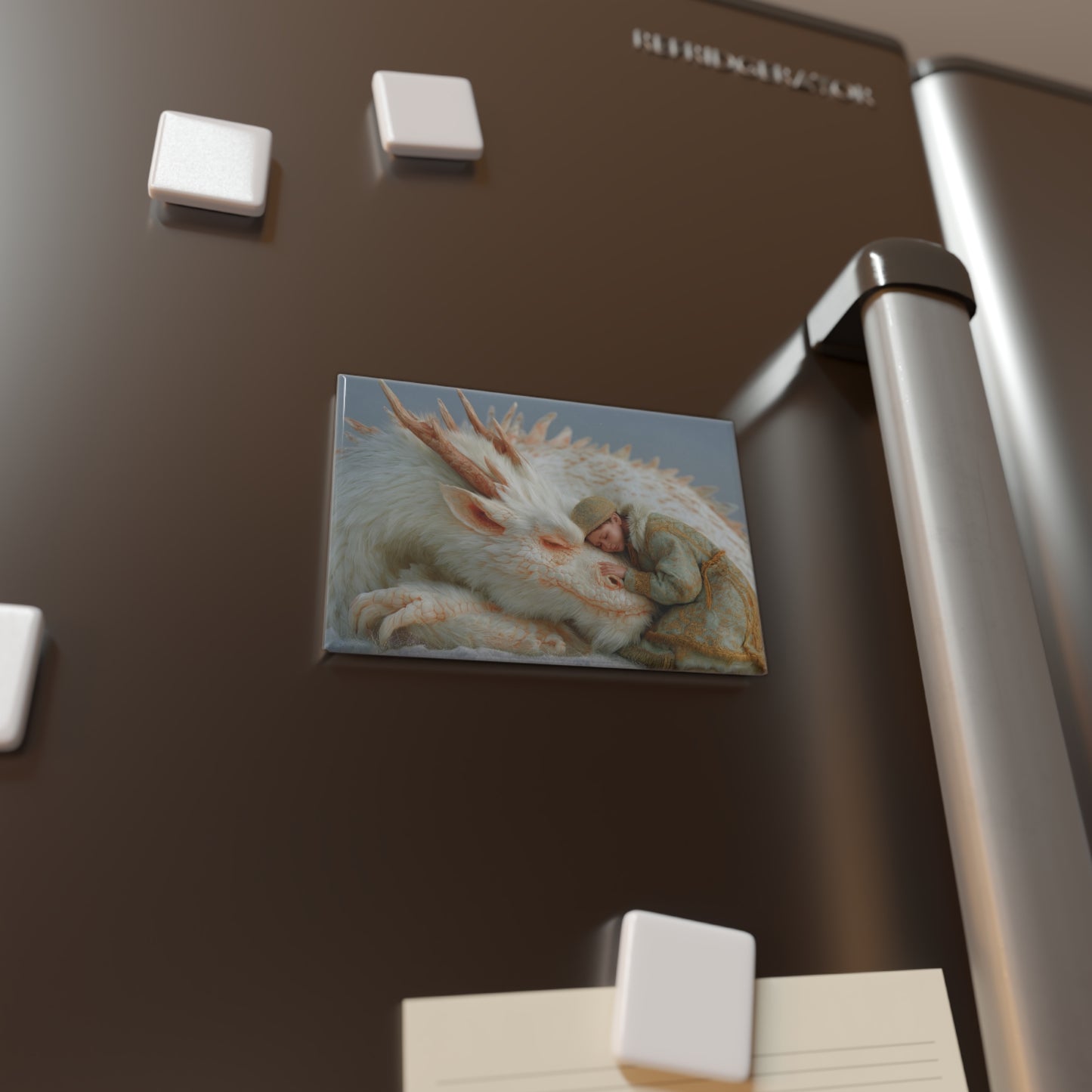 Child and White Dragon Button Magnet, Rectangle (1 & 10 pcs) – Snowbound Guardian’s Rest