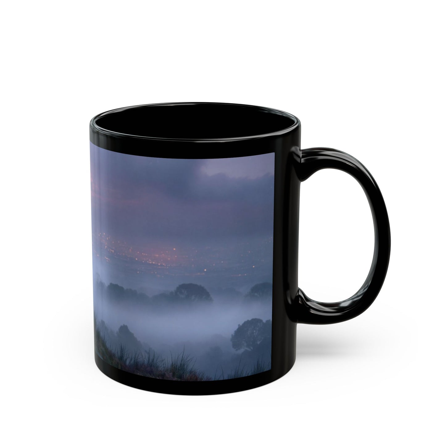 Solitary Sentinel Mug – Twilight Over Cityscape with Moon and Mushrooms