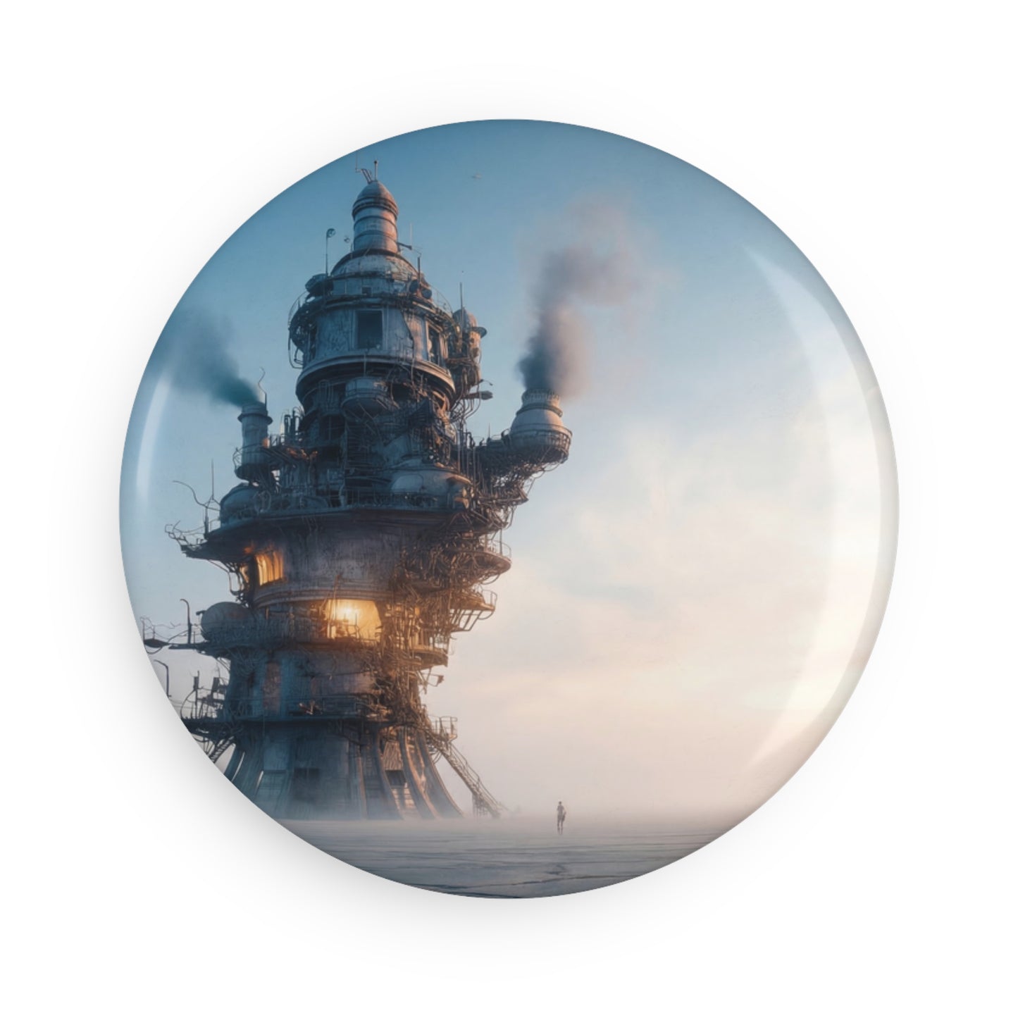 Skyward Steampunk Tower Button Magnet, Round (1 & 10 pcs) – A Single Figure’s Dawn Journey