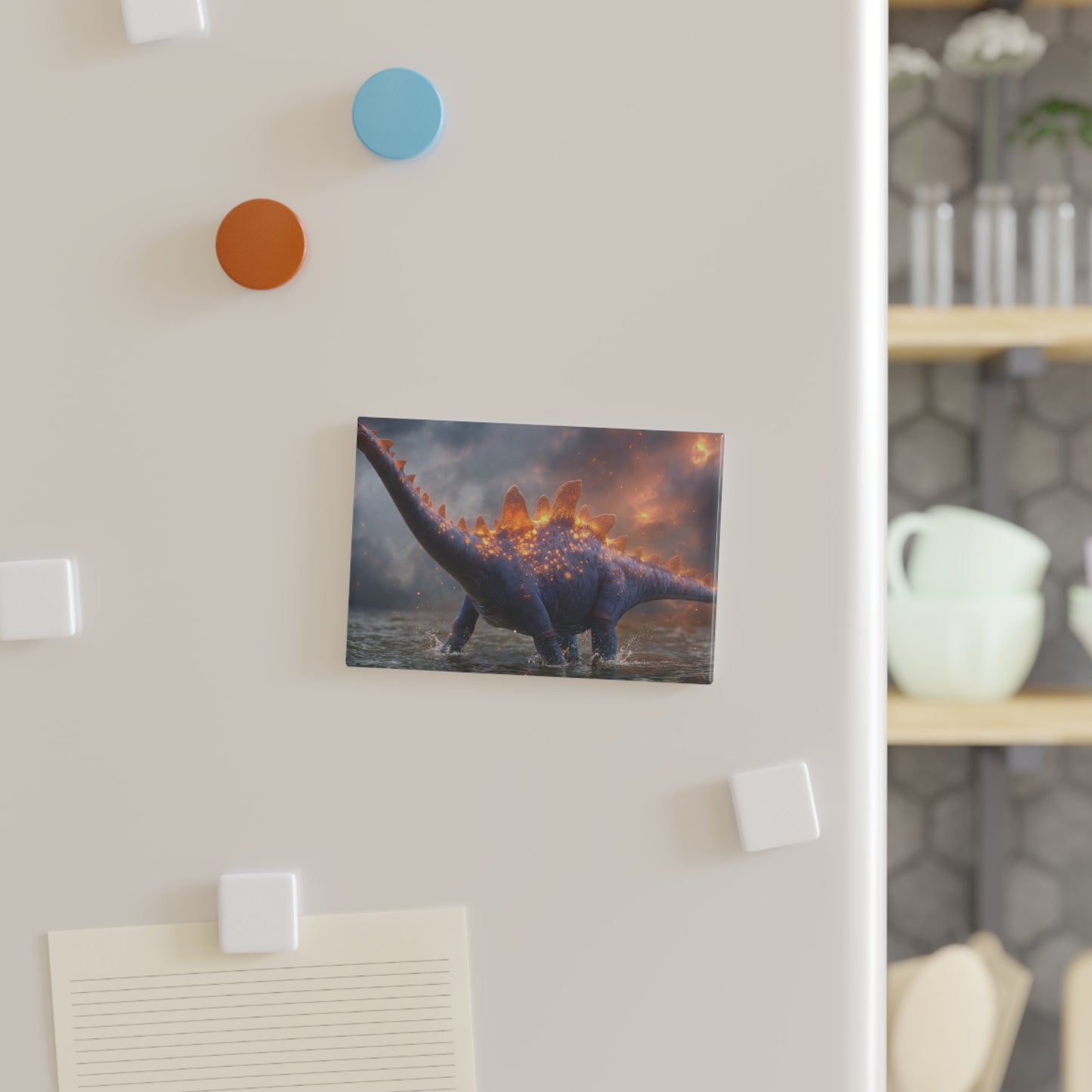 Celestial Stegosaurus Button Magnet, Rectangle (1 & 10 pcs) – Twilight Guardian of the Ancient Marsh
