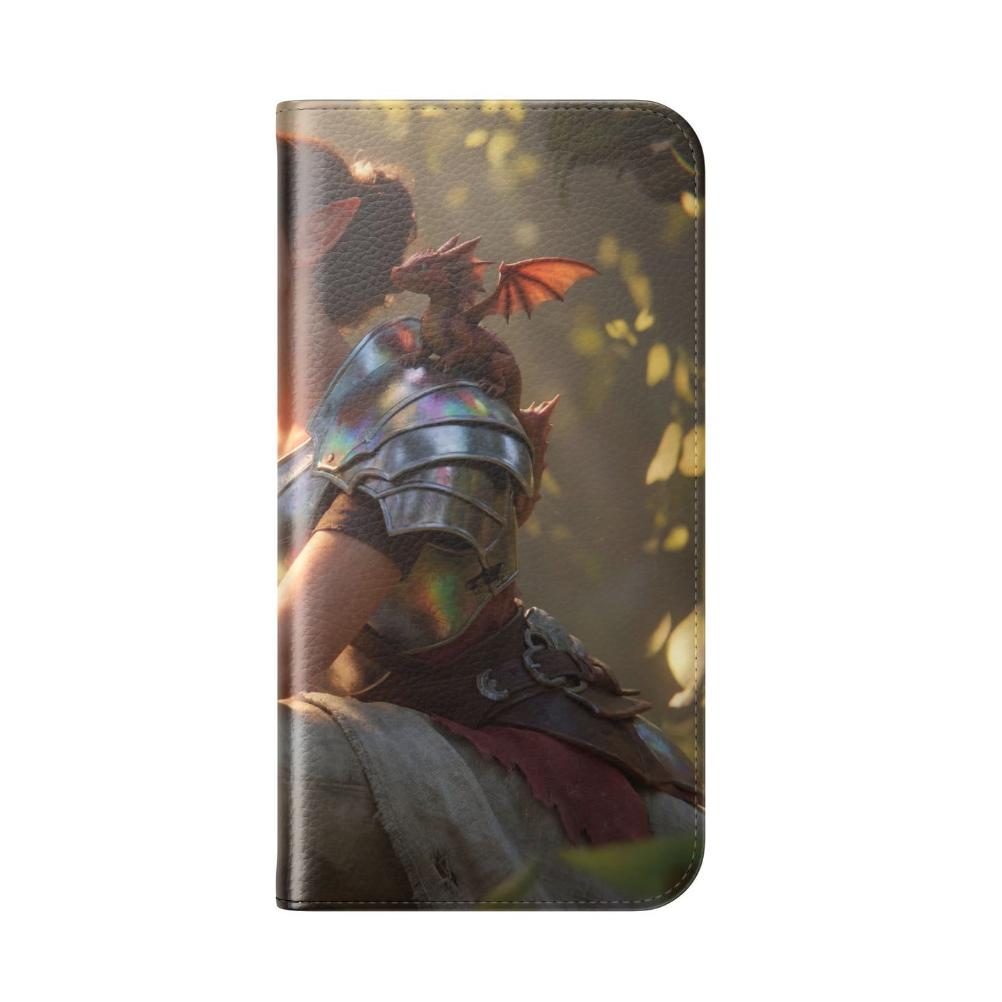 Elven Knight with Dragon Flip Cases – Iridescent Armor & Tiny Guardian Portrait
