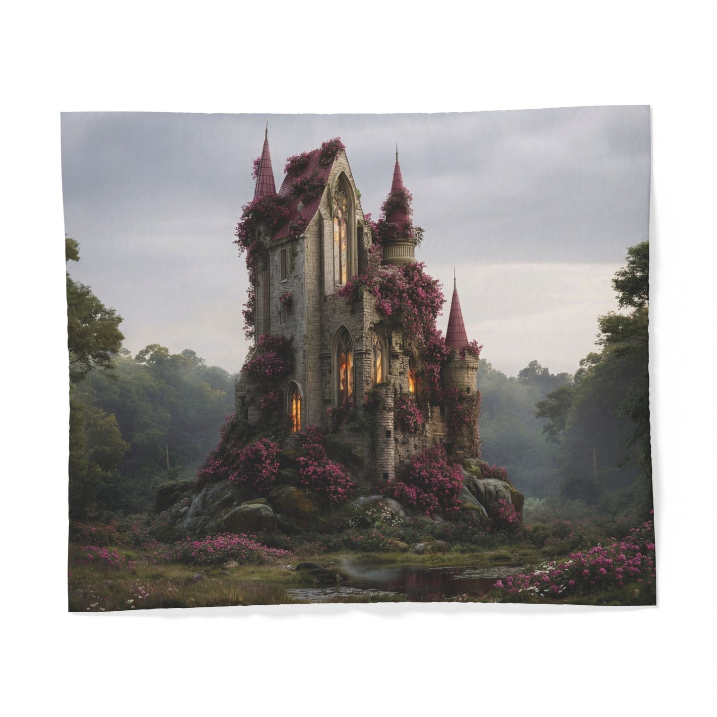 Blossom-Covered Castle Cotton Duvet Cover – Pink Spire Sanctuary